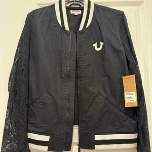 True Religion Discontinued Black Bomber Jacket with Lace Sleeves NWT